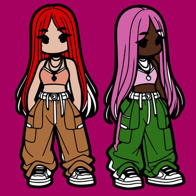 girl in baggy pants crop top and long hair