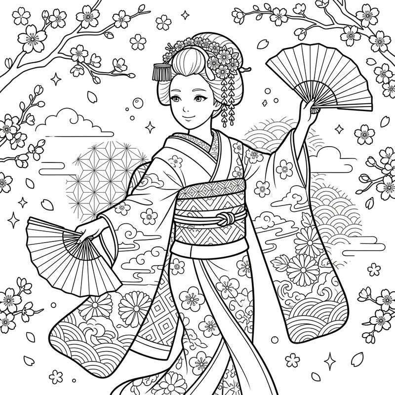 Discover the enchanting world of Japanese tradition with this exquisite Maiko dance coloring page. Featuring a graceful maiko amidst blooming cherry blossoms, it offers a serene and culturally rich artistic experience.
