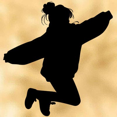 realistic girl jumping with a bun and oversized sweatshirt