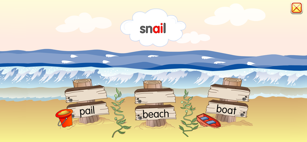 Cena de praia interativa no aplicativo Starfall Aprenda a Ler ensinando sons vocálicos com palavras como 'snail' e 'pail'.