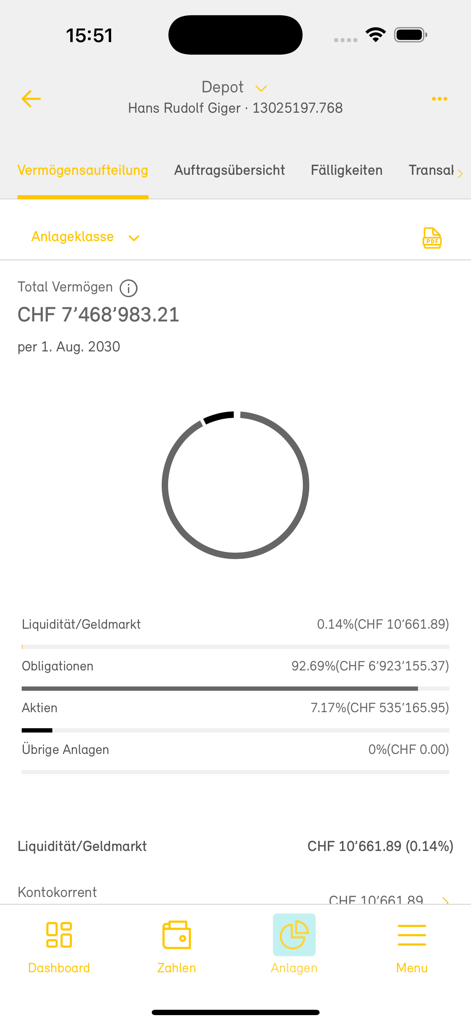 Bank SLM - Resumen de la cartera de inversiones y asignación de activos en la app móvil Bank SLM que muestra el total de activos y un gráfico de distribución.