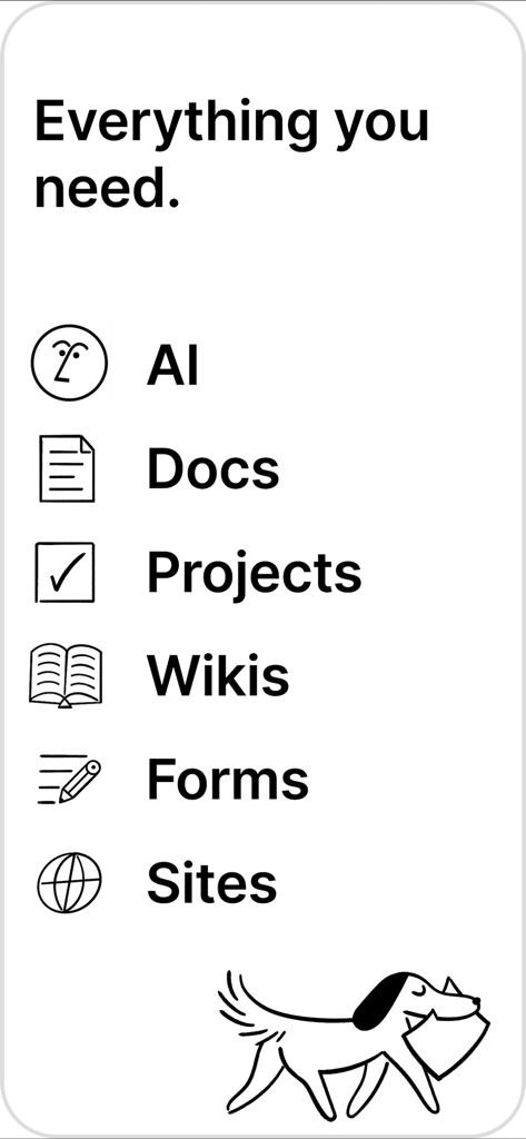 Elenco minimalista delle funzionalità di Notion che include AI Documenti Progetti Wiki Moduli e Siti con un'illustrazione di un cane