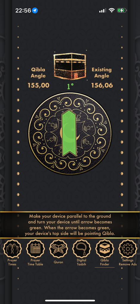 Digital Qibla compass in the Muslim Prayer Times app showing the direction to the Kaaba