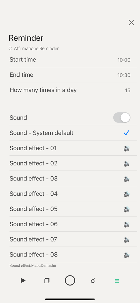Screen for setting affirmation reminder schedule and notification sounds
