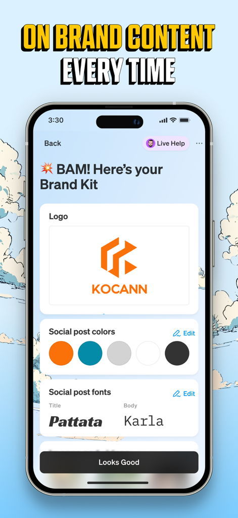Blaze AI Mobile App-Oberfläche, die eine Markensetup mit Logo, Farbpalette und Schriftarten für Marketinginhalte zeigt.