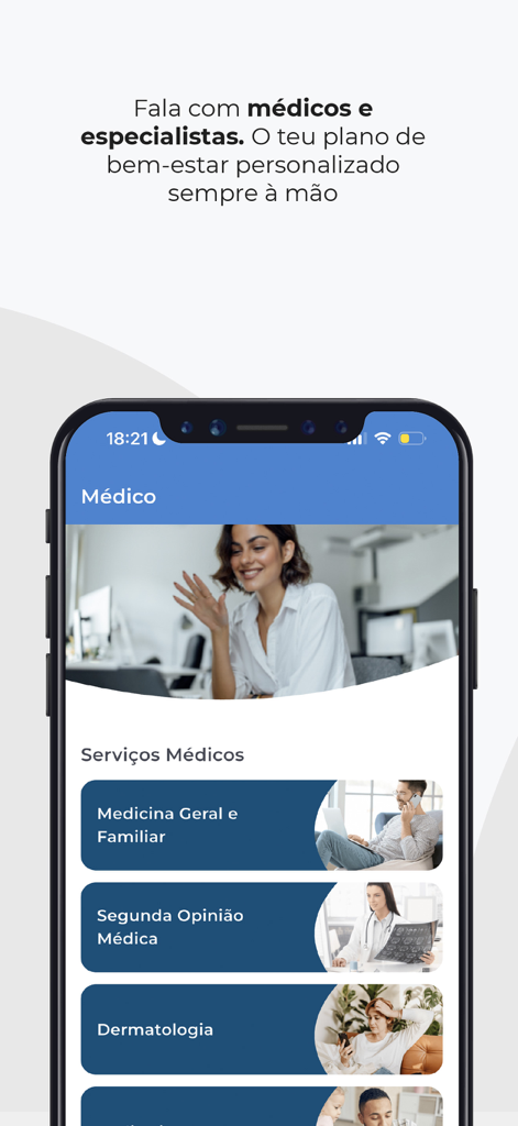 Telehealth services screen in the Medico 24/7 Victoria app featuring family medicine and dermatology options in Portuguese