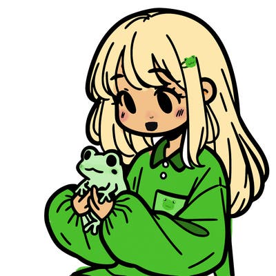 girl with long hair and a oversized shirt. and she is holding a frog