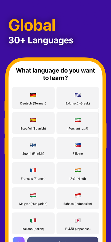 Lingo: Daily Language Learning - Interface de seleção de idioma no aplicativo Lingo mostrando mais de 30 opções de idiomas com bandeiras