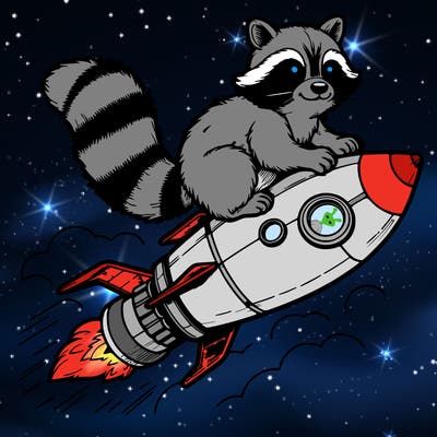 realistic raccoon flying on top rocket ship