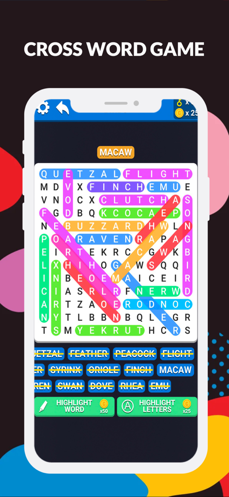 Word Search : Crossword Master - A gameplay screenshot of the Word Search Crossword Master app showing a colorful puzzle grid with various bird species words highlighted