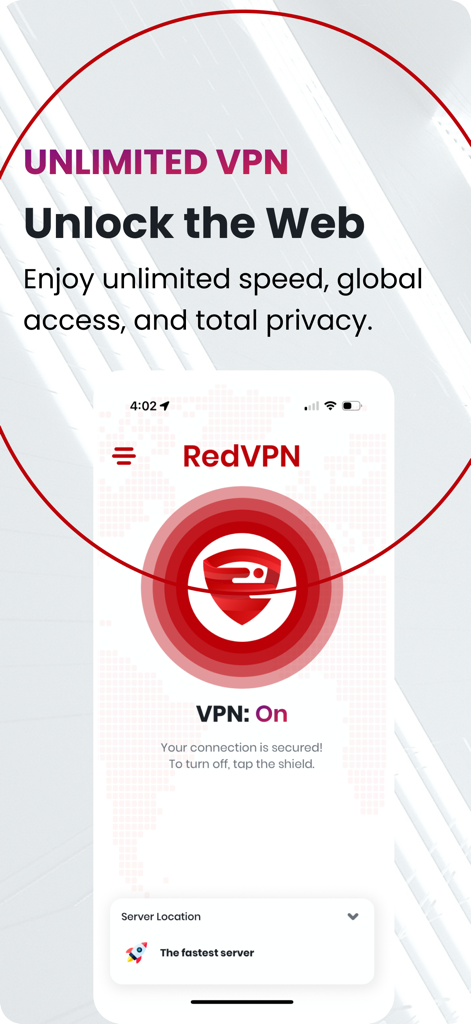RedVPN: Fast Unlimited VPN - Interfaz de RedVPN mostrando la conexión segura activada con un toque para acceso ilimitado a la web.