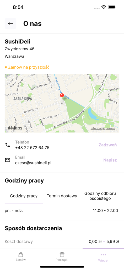 SushiDeli - SushiDeli mobile app screen showing restaurant location map contact information and business hours