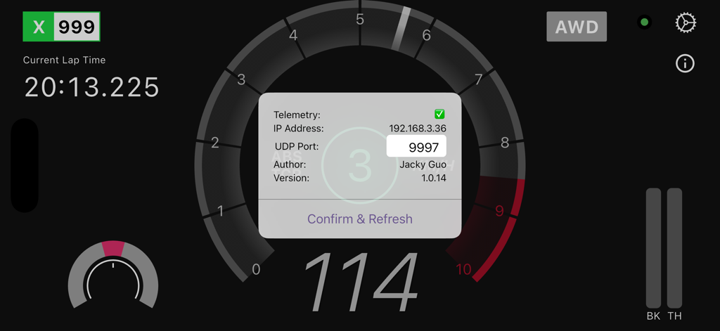 Forza Dash app telemetry setup screen displaying IP address and UDP port settings on a digital dashboard