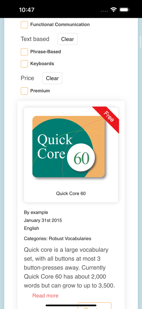 CoughDrop Pro - CoughDrop Pro mobile app screen displaying the Quick Core 60 vocabulary board selection with communication style filters