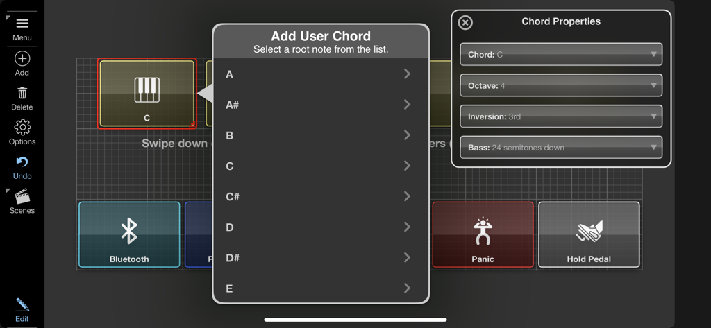 Surface Builder - Configuration menu for adding user chords and setting MIDI properties in the Surface Builder app