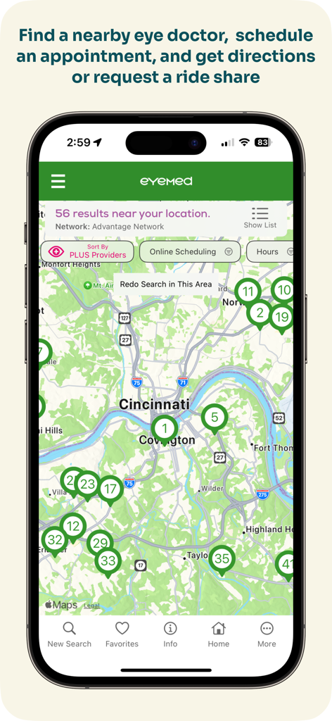 EyeMed - Map view in the EyeMed app showing nearby eye doctor locations with numbered pins
