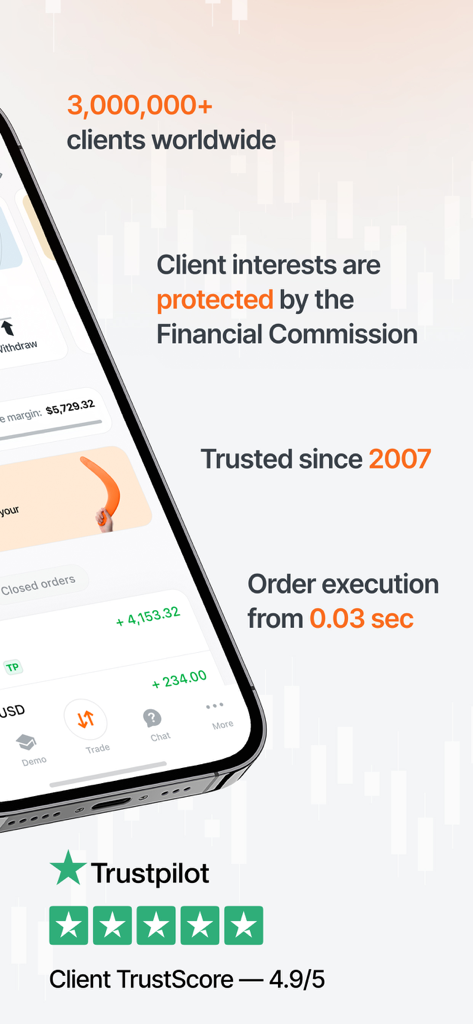 Captura de tela do aplicativo AMarkets destacando 3 milhões de clientes e uma avaliação Trustpilot de 4,9
