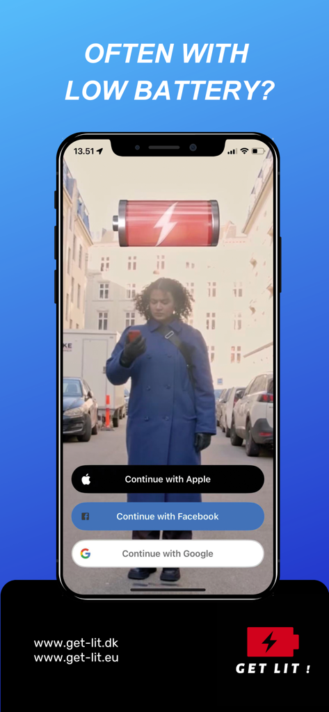 Get Lit - Get Lit app login screen showing a woman in a city with a low battery icon and options to sign in with Apple Facebook or Google
