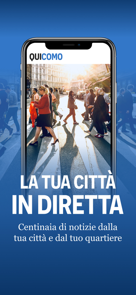Tela de smartphone mostrando o aplicativo de notícias QuiComo com uma cena de rua da cidade e a manchete Sua cidade ao vivo.