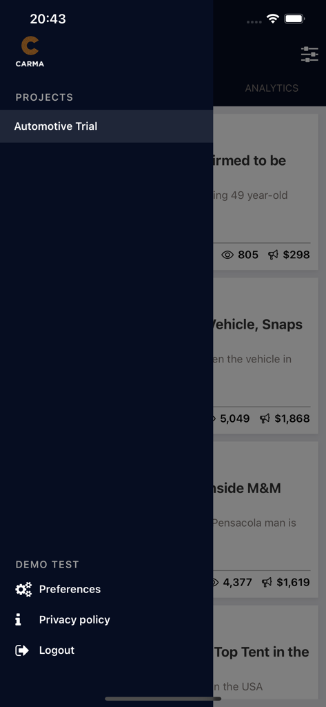 Menu de navegação lateral no aplicativo CARMA International mostrando projetos atuais e configurações da conta