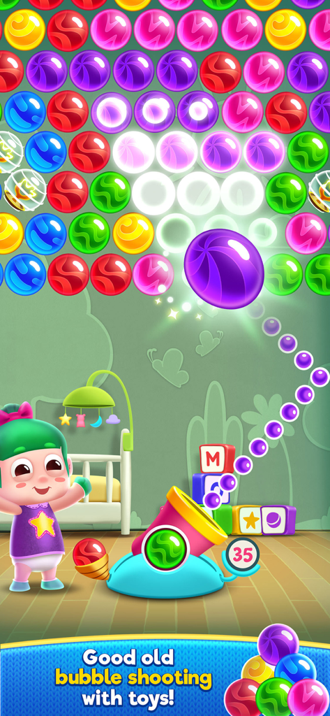 Bubble Shooter Game : Toys Pop - Gameplay screen of Toys Pop bubble shooter featuring a cute character and colorful bubbles in a toy themed bedroom