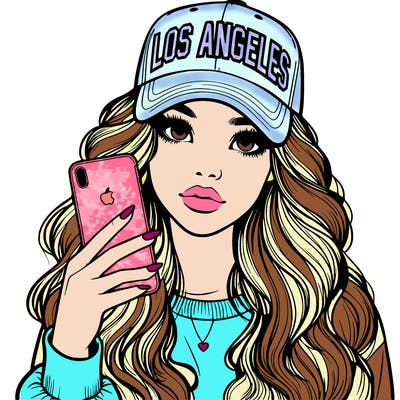 realistic beautiful girl wearing los ángeles cap holding an iphone