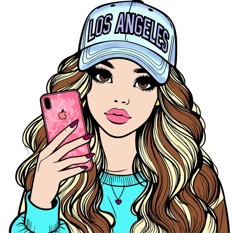 realistic beautiful girl wearing los ángeles cap holding an iphone