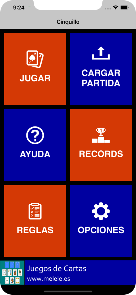iCinquillo - Main menu of the iCinquillo mobile app showing large colorful buttons for play records and settings in Spanish