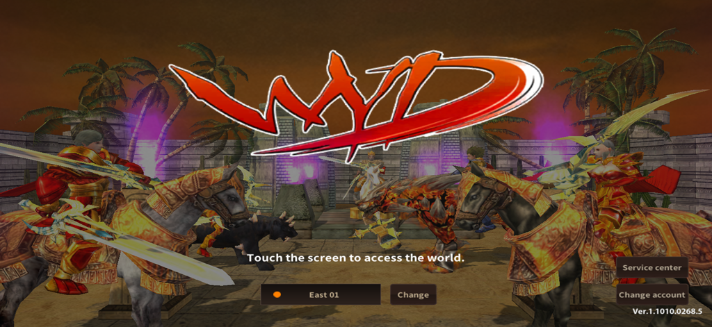WYD M - Title screen of WYD M featuring armored characters on fantasy mounts in a medieval setting