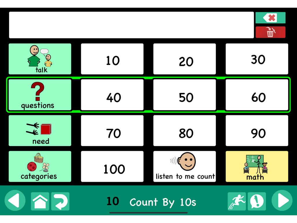 GoTalk NOW PLUS AAC app screen showing a grid of numbers for counting by tens and communication symbols