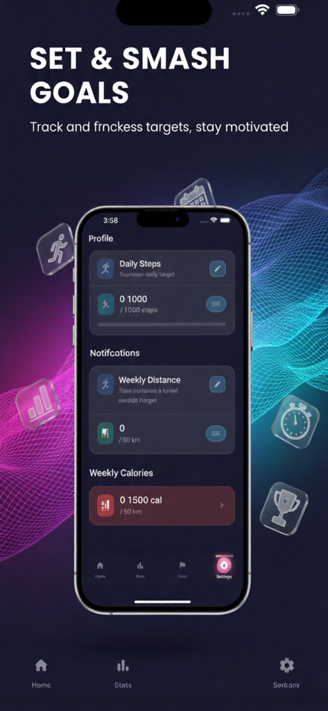 Steps - Pedometer - Screenshot of the goal setting screen in the Steps Pedometer app showing daily steps and weekly distance tracking