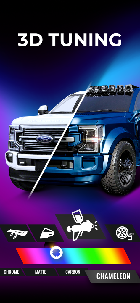 3D car tuning interface showing customization options for a Ford pickup truck