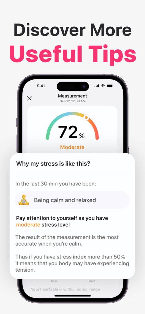MyPulse - Measure Your Pulse - MyPulse app interface showing a 72 percent moderate stress measurement with wellness tips and explanations.