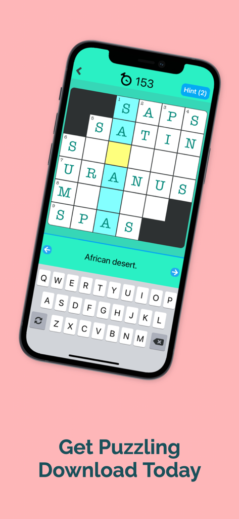 Mini Crossword Daily - Un smartphone que muestra un juego de puzle de mini crucigrama con un temporizador y una pista