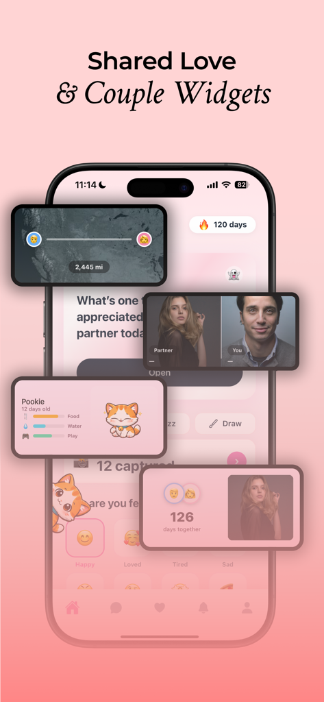 Pookie - Relationship Tracker - A collection of cute Gen Z styled relationship widgets from the Pookie app featuring a virtual pet a distance tracker and a couple streak counter