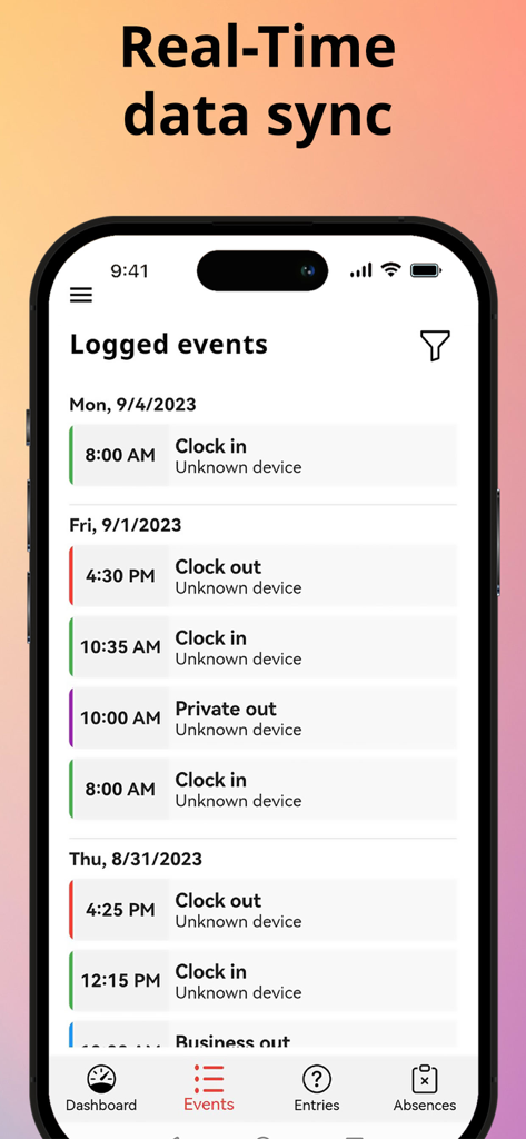 Attendo Mobile app showing a list of logged work events including clock in and clock out timestamps.