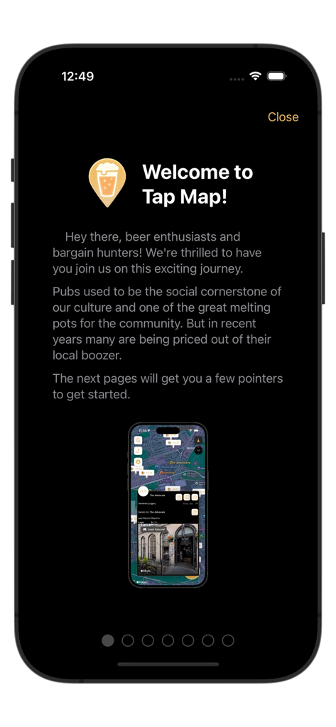 Tap Map App - Écran d'accueil de Tap Map App avec une icône de bière et un énoncé de mission pour des boissons abordables