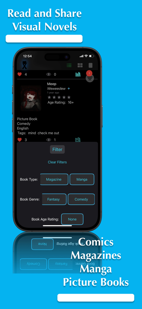 Dream Novels - Interface of the Dream Novels app showing story filtering options for genre and book type.