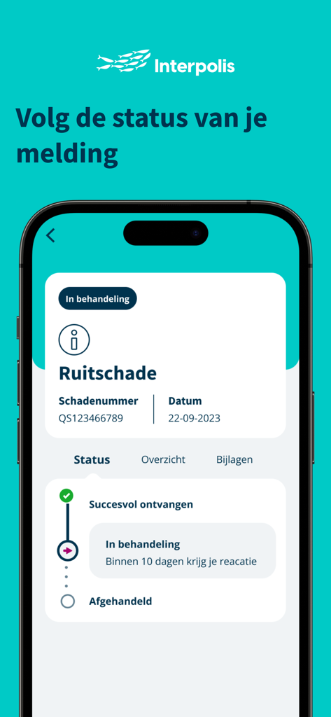 Interpolis - Interpolisモバイルアプリのインターフェース。報告された保険請求のステータスと進捗状況が表示されます。