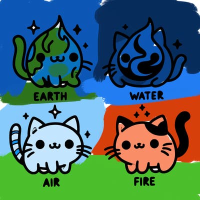 4 cats that represent the different elements, earth, water, air, and fire