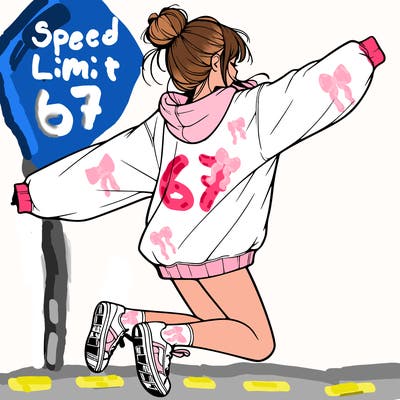 realistic girl jumping with a bun and oversized sweatshirt