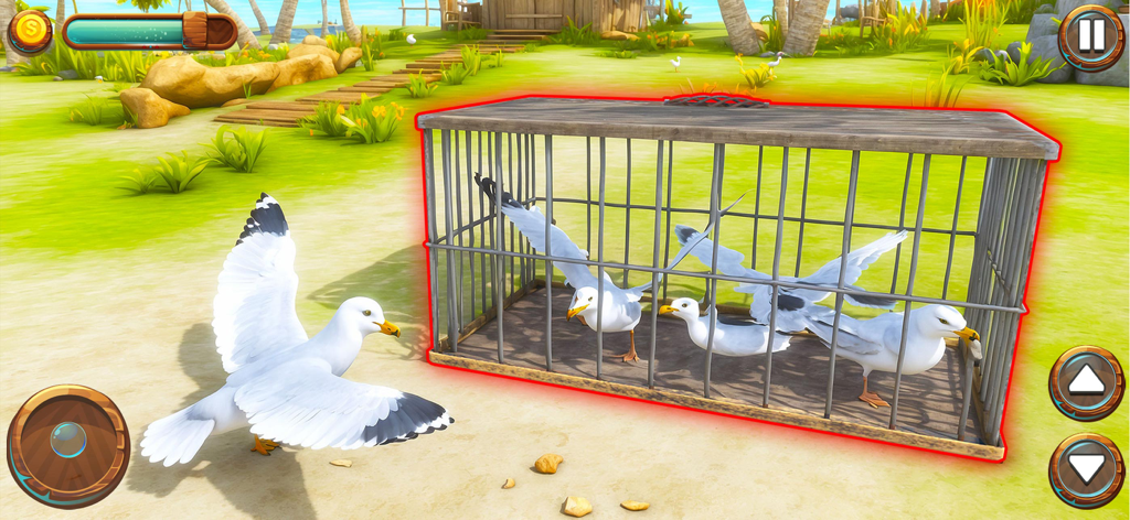 Seagull Bird Life Simulator - A seagull character in a 3D simulator approaching a cage containing other seagulls on a tropical island.