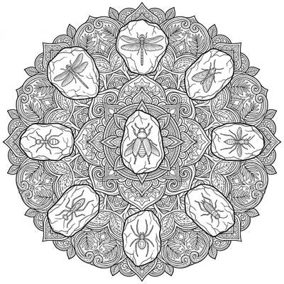 Explore the fascinating world of prehistoric insects with this intricate Amber Insects Mandala coloring page. Each beautifully preserved creature is meticulously integrated into a symmetrical design, offering a unique blend of natural history and artistic relaxation.