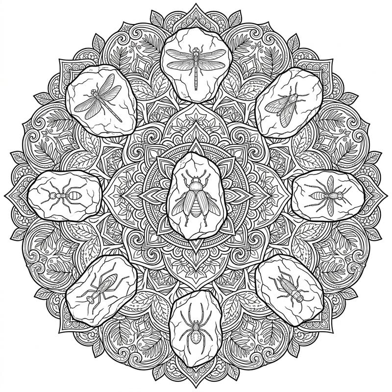 Explore the fascinating world of prehistoric insects with this intricate Amber Insects Mandala coloring page. Each beautifully preserved creature is meticulously integrated into a symmetrical design, offering a unique blend of natural history and artistic relaxation.