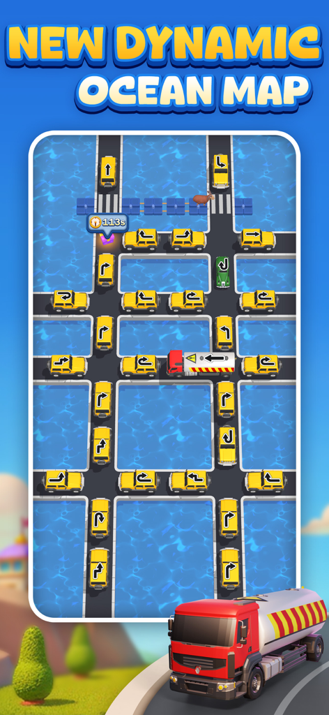Road Hustle:Tap, Solve, Escape - Gameplay screenshot of Road Hustle showing a traffic jam puzzle on a dynamic ocean map with various vehicles on narrow bridges.