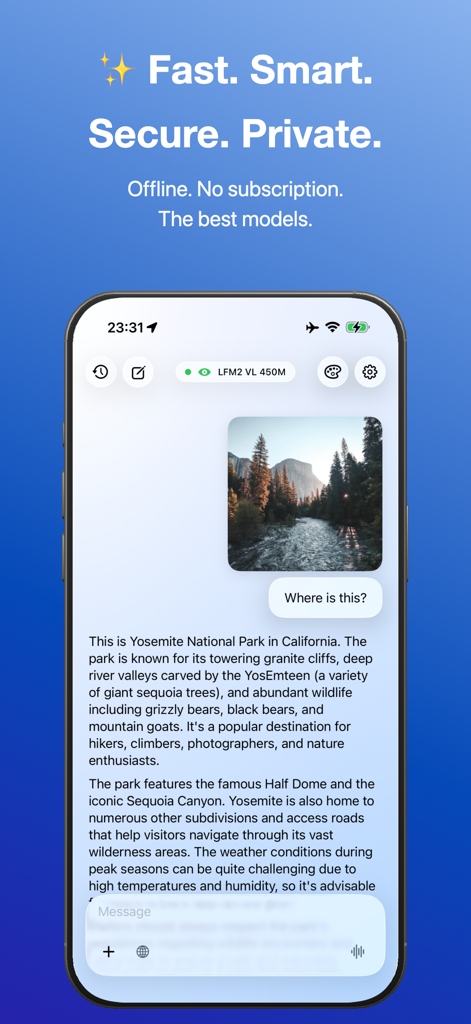 Solair AI - Local AI - Solair AI mobile app interface showing offline image recognition and chat identifying Yosemite National Park