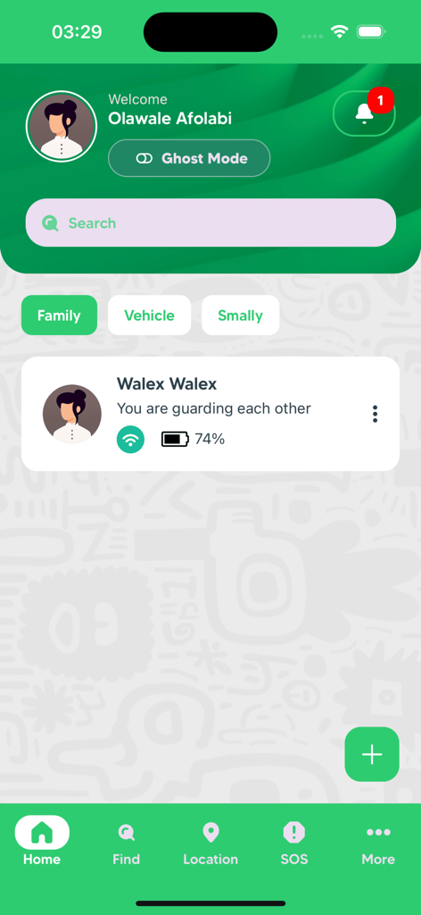 Tyda - Tyda family safety app dashboard showing member status and ghost mode feature