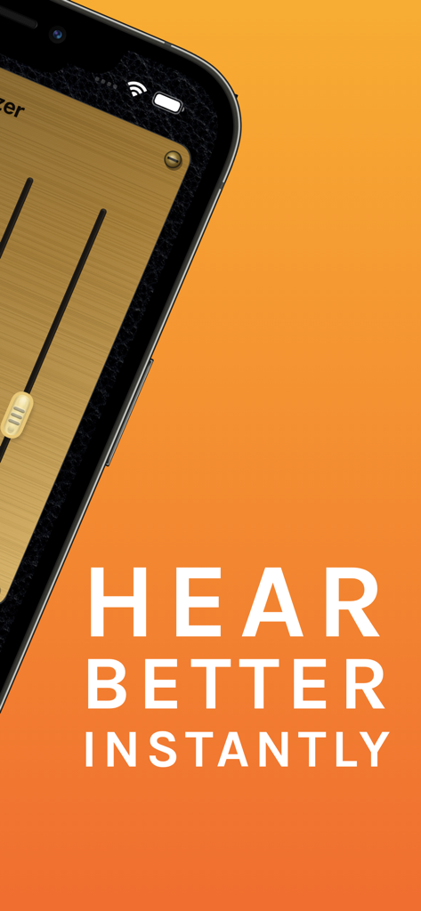 Hearing Aid: Sound Amplifier - Captura de tela do aplicativo móvel mostrando um iPhone com uma interface de amplificador de som e o texto Ouça Melhor Instantaneamente