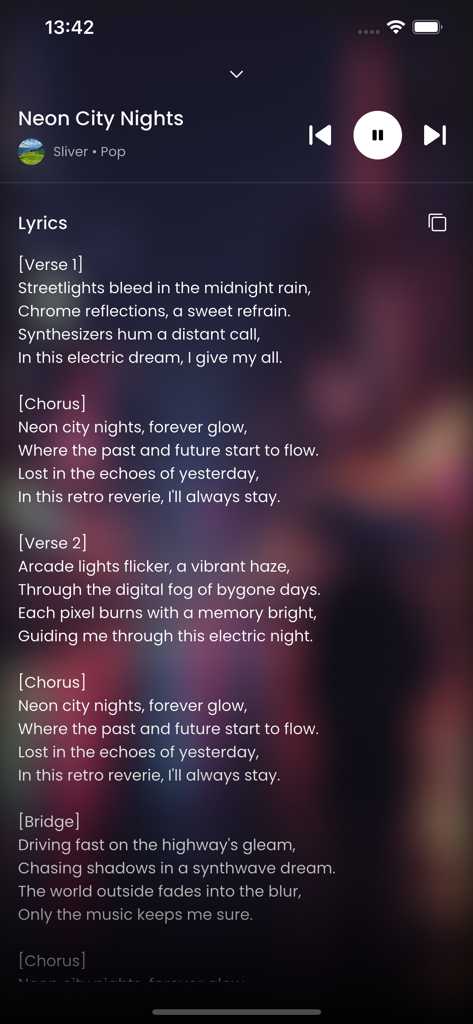 Melofy - AI Music Maker - Interface of the Melofy app showing AI generated lyrics for a pop song titled Neon City Nights