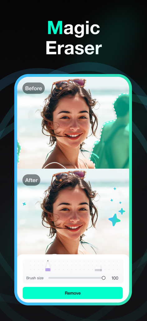 insMind: AI Photo Video Studio - Before and after demonstration of the Magic Eraser tool removing an unwanted person from a beach photo